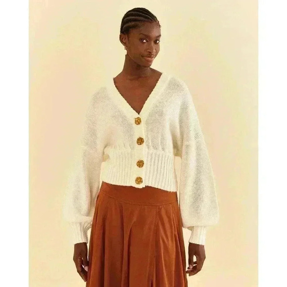 Farm Rio Off-White Bubble Knit Cardigan S Chunky Sweater Brown Buttons Crop NWT - Picture 1 of 8